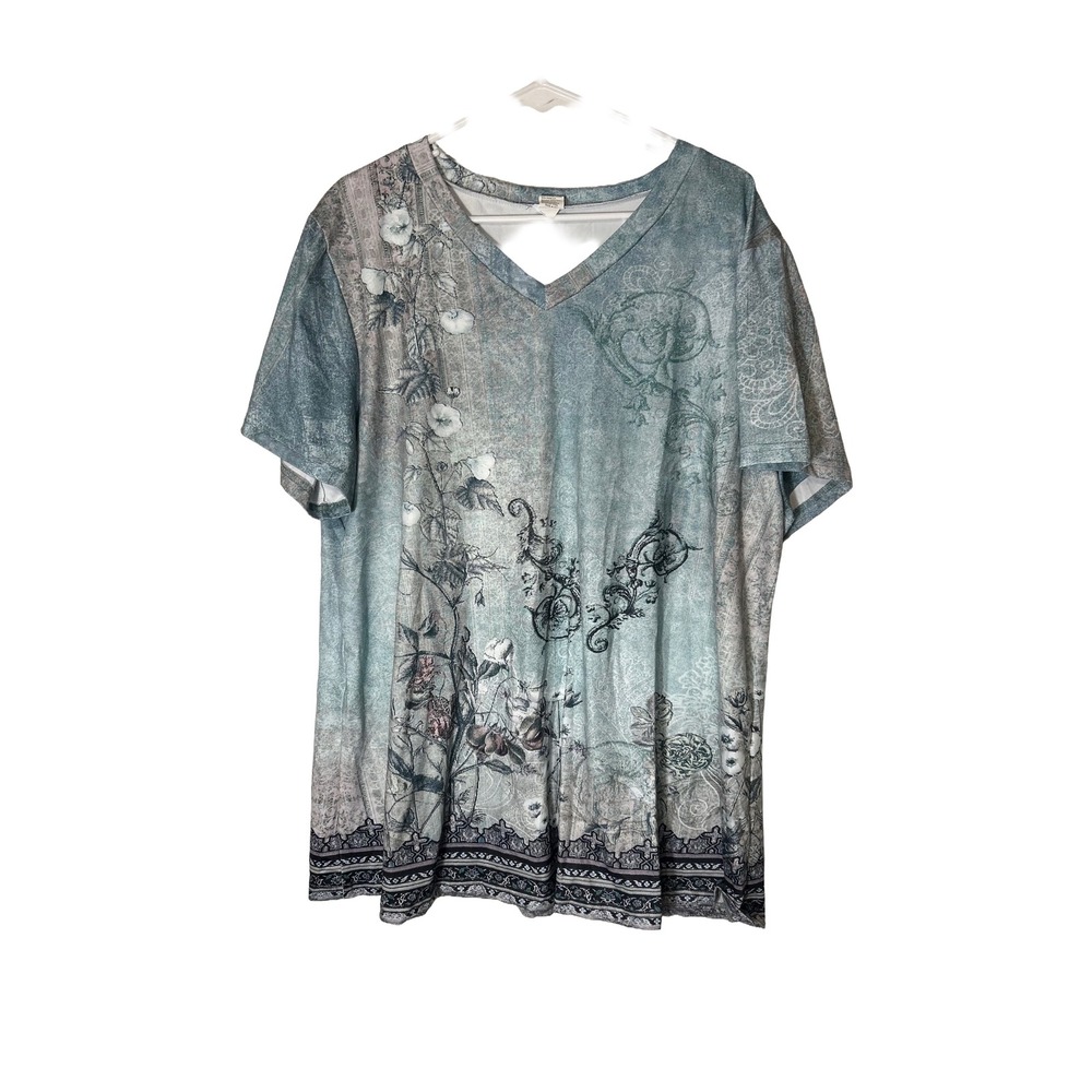 Plus Size 3XL V Neck Tee Green Floral Print Short Sleeve Polyester